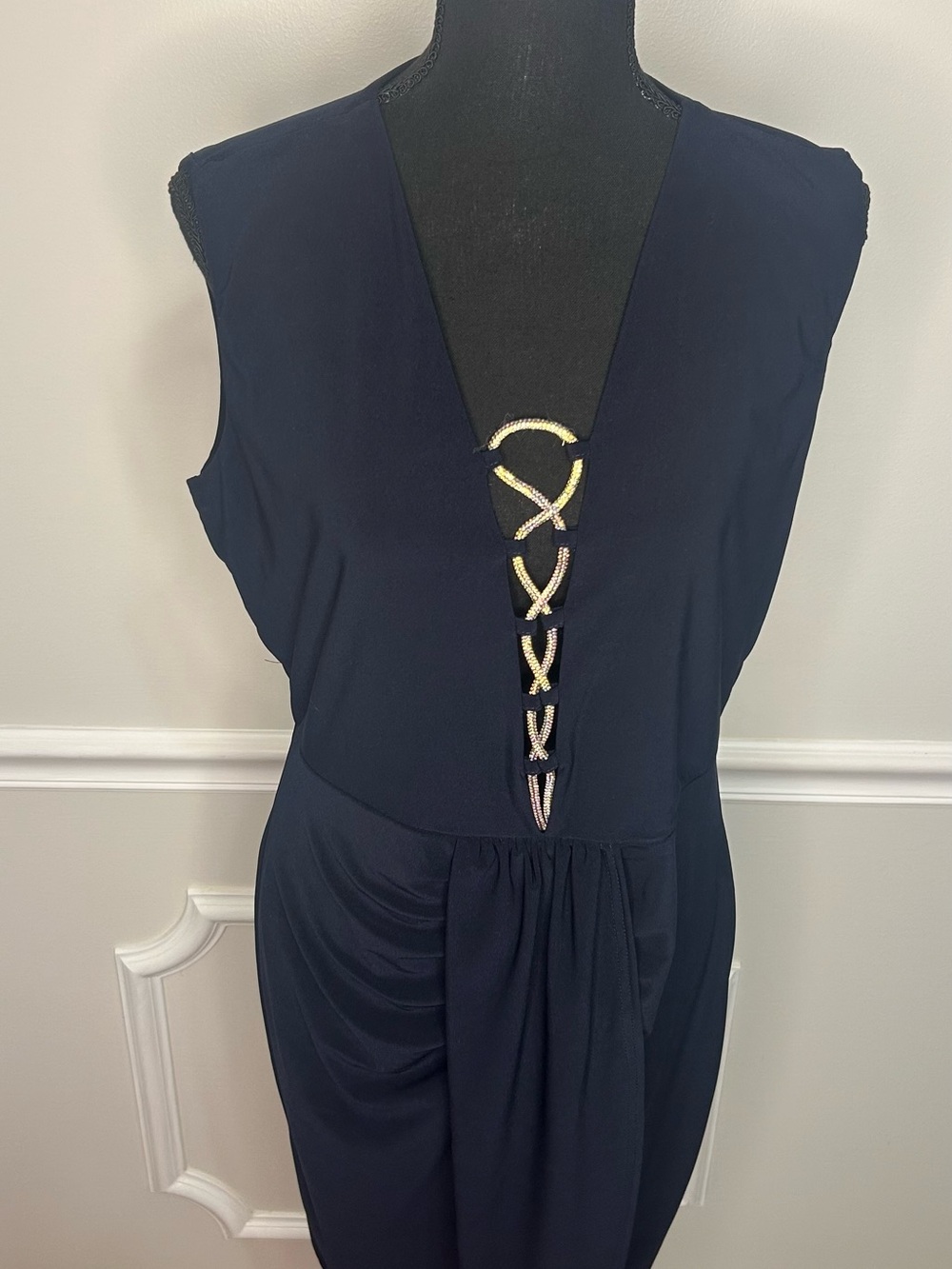 VENUS Navy Sleeveless V-Neck Dress with Metallic Embellishment